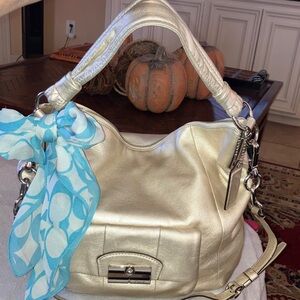Coach Kristen metallic Gold Large Hobo Shoulder/crossbody/Coach Scarf